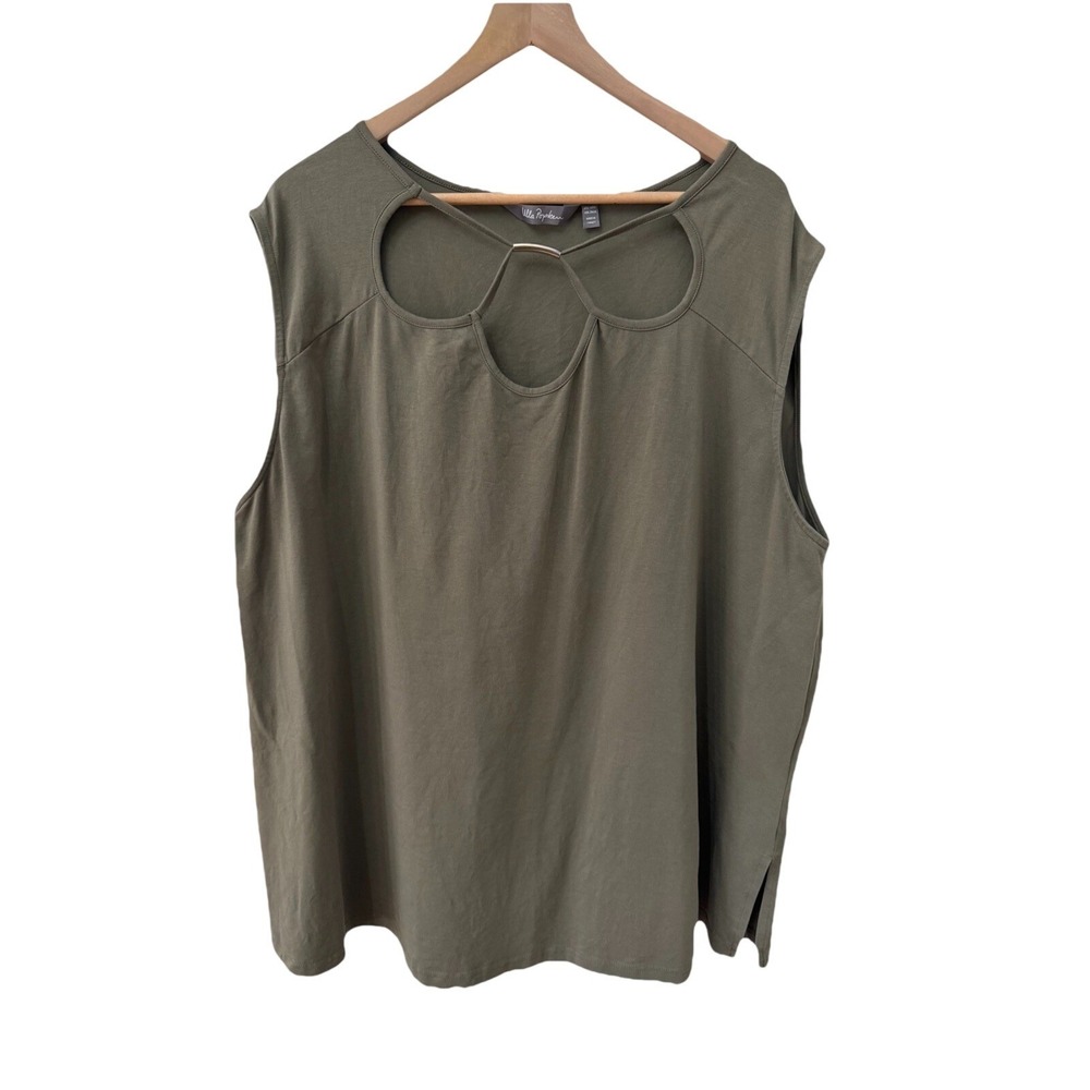 Ulla Popken Sleeveless Top 24/26 Olive Green Cutout Neck Metal Bar 806473190